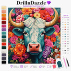 DrillnDazzle diamond painting kit featuring a colorful cross-stitch style illustration of a cow surrounded by flowers. The image includes a color list, swatches of included beads, a diamond needle, wax fat, and a pen on a clean white background.
