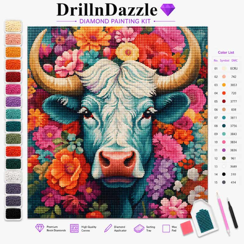 DrillnDazzle diamond painting kit featuring a colorful cross-stitch style illustration of a cow surrounded by flowers. The image includes a color list, swatches of included beads, a diamond needle, wax fat, and a pen on a clean white background.