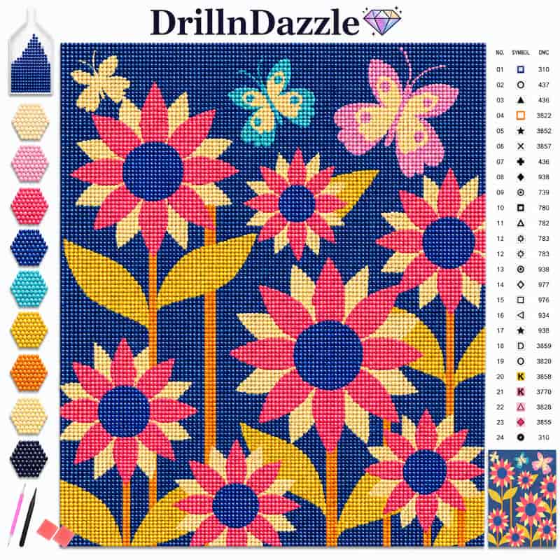 A colorful diamond painting style floral design sheet with sunflowers, butterflies, and a dark blue background. The image includes the DrillnDazzle brand name at the top, a color legend on the left, a symbol reference chart on the right, and a small finished pattern preview in the lower right corner.
