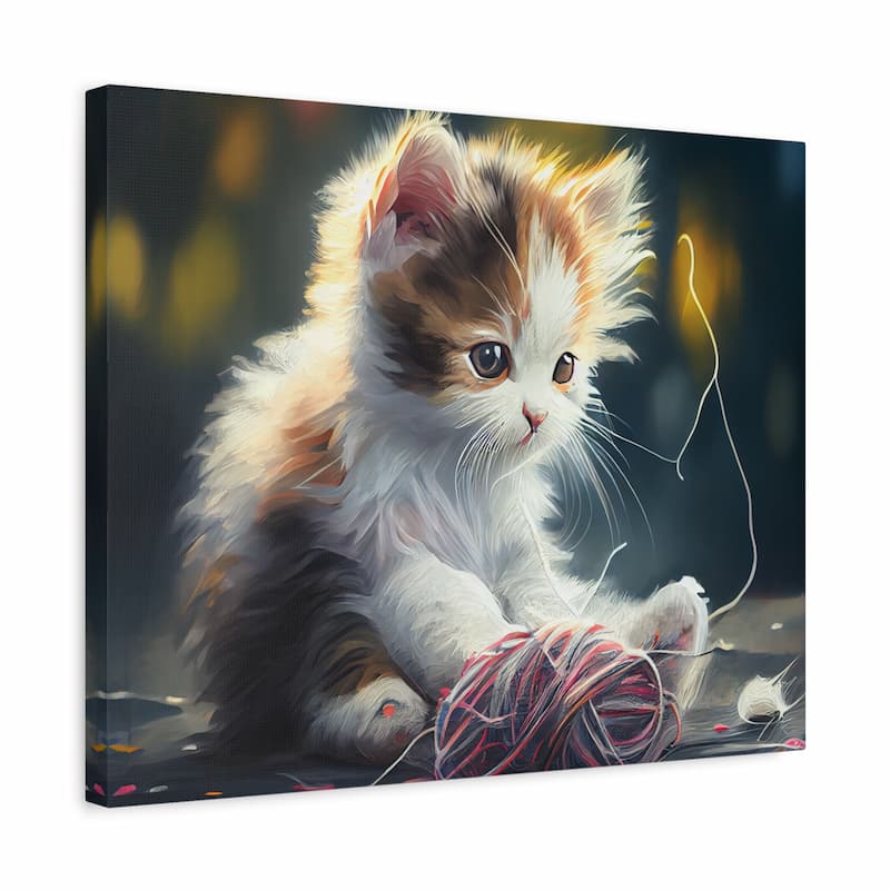 A square canvas wall art print featuring a fluffy kitten with white, orange, and brown fur sitting beside a ball of red and white yarn, shown against a dark painterly background.