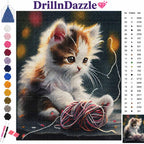 A diamond painting kit cover featuring a pixelated kitten playing with yarn, with the DrillnDazzle brand name at the top, a color palette on the left, a symbol reference chart on the right, and a small finished artwork inset in the lower right.