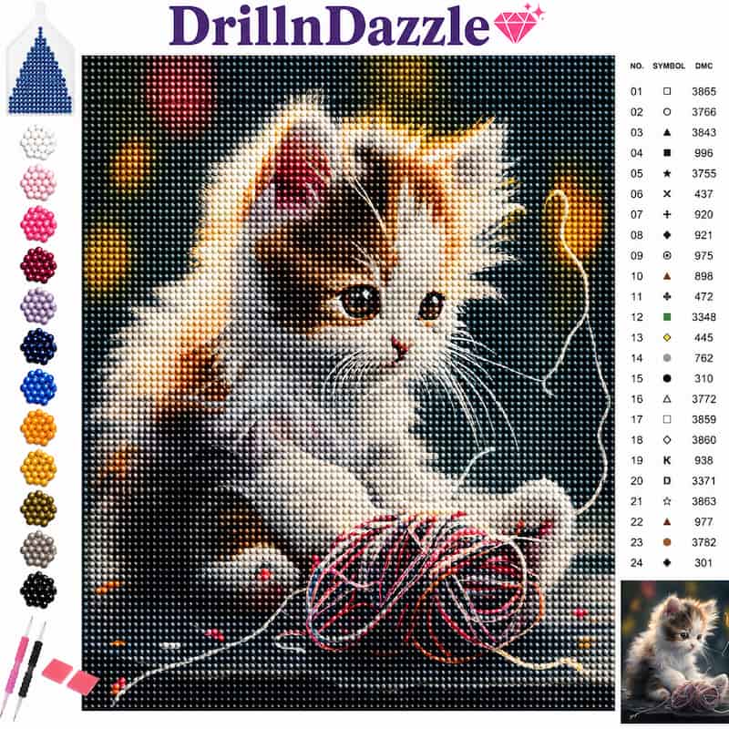 A diamond painting kit cover featuring a pixelated kitten playing with yarn, with the DrillnDazzle brand name at the top, a color palette on the left, a symbol reference chart on the right, and a small finished artwork inset in the lower right.