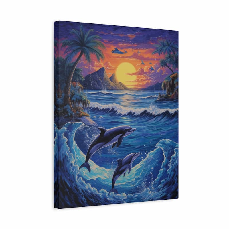 A square canvas wall art print depicting two dolphins leaping through blue ocean waves at sunset, with palm trees, rocky cliffs, and a glowing sun on the horizon.