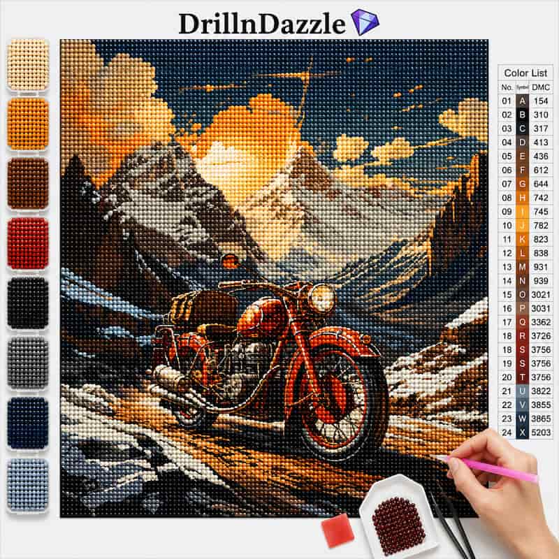 A diamond painting or cross-stitch style art kit showing a mountain landscape with a red motorcycle, with a visible hand applying paint. The image includes a color list on the right and a vertical row of color swatches on the left.