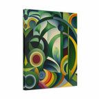 Abstract geometric canvas wall art featuring overlapping circles, arcs, and curved shapes in green, yellow, blue, red, black, and cream, shown at a slight angle on a white background.