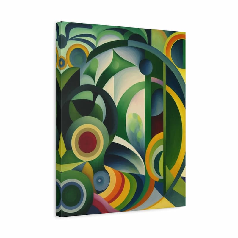 Abstract geometric canvas wall art featuring overlapping circles, arcs, and curved shapes in green, yellow, blue, red, black, and cream, shown at a slight angle on a white background.