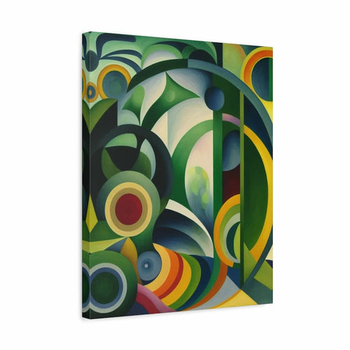 Abstract geometric canvas wall art featuring overlapping circles, arcs, and curved shapes in green, yellow, blue, red, black, and cream, shown at a slight angle on a white background.
