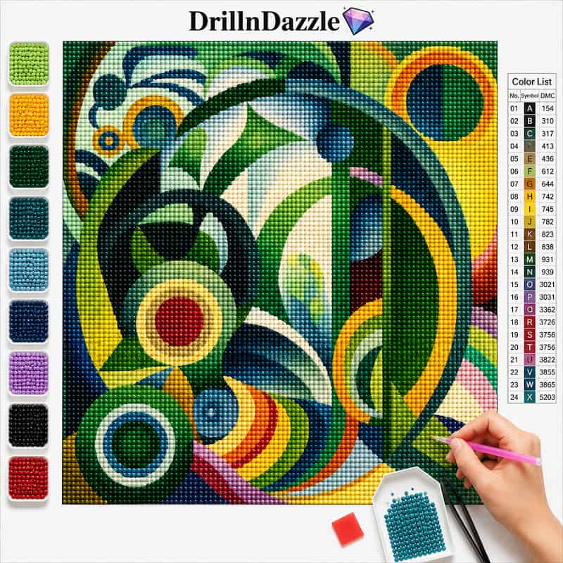 Diamond painting of an Abstract geometric canvas featuring overlapping circles, arcs, and curved shapes in green, yellow, blue, red, black, and cream, shown at a slight angle on a white background.