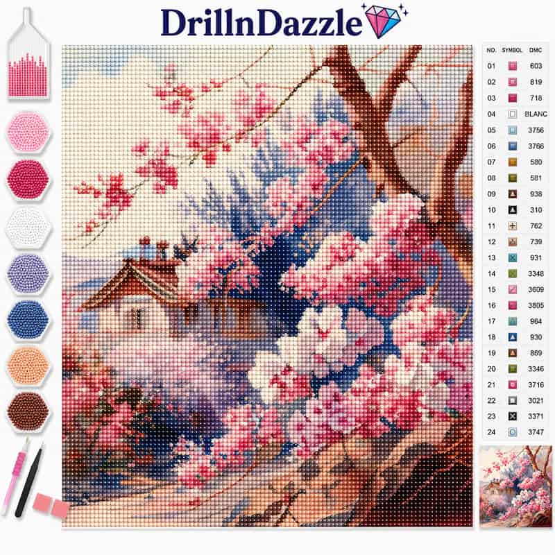 DrillnDazzle diamond painting canvas featuring a cherry blossom landscape with a small house, shown with a color chart, paint swatches, and tools on a white background.