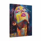 A square canvas wall art print featuring a colorful, expressive portrait of a woman's face with closed eyes and raised head, rendered in vivid yellow, blue, pink, orange, and purple tones against a dark background.