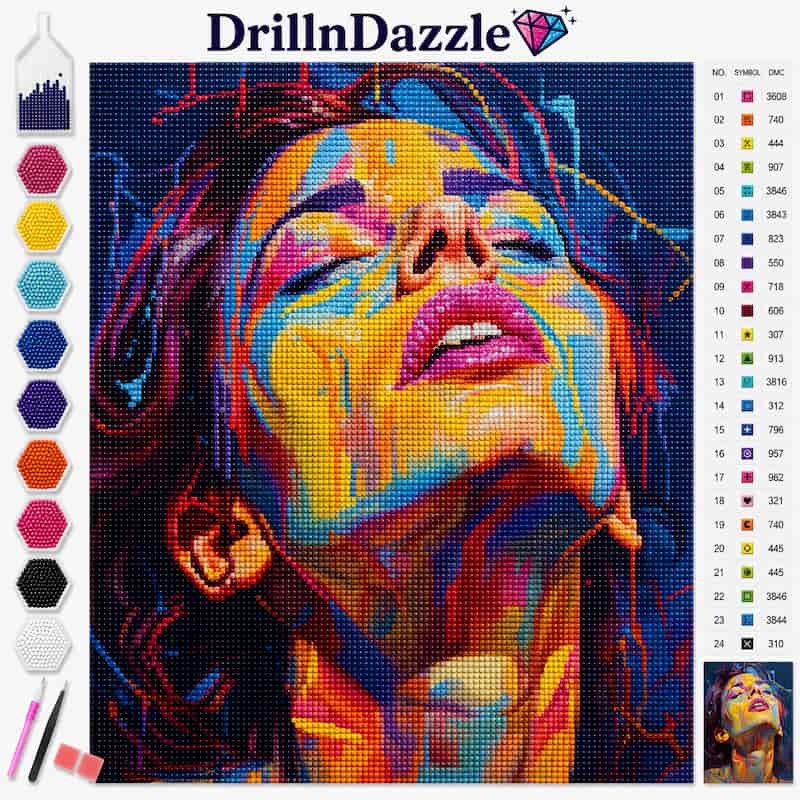A colorful diamond painting or cross-stitch style portrait of a woman's face, shown with the DrillnDazzle brand name at the top, a color palette strip on the left, a numbered color reference chart on the right, and two small finished preview images at the bottom.