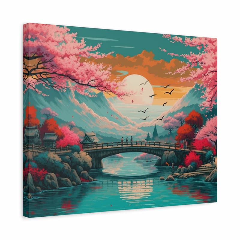 A square canvas wall art print depicting a colorful landscape with pink cherry blossoms, a wooden bridge over teal water, mountains, birds, and a large pale sun in the sky.