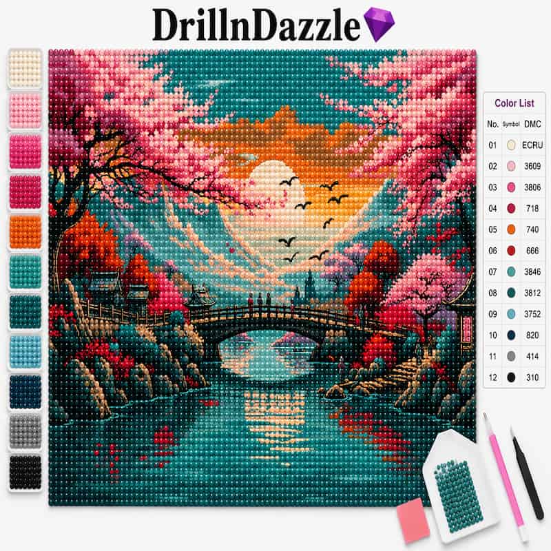 A diamond painting kit preview showing a completed scenic artwork with cherry blossoms, a bridge over water, birds, and a sunset. The image includes a color list on the right, a row of color swatches on the left, the DrillnDazzle brand name at the top, and a small tool set at the bottom right.