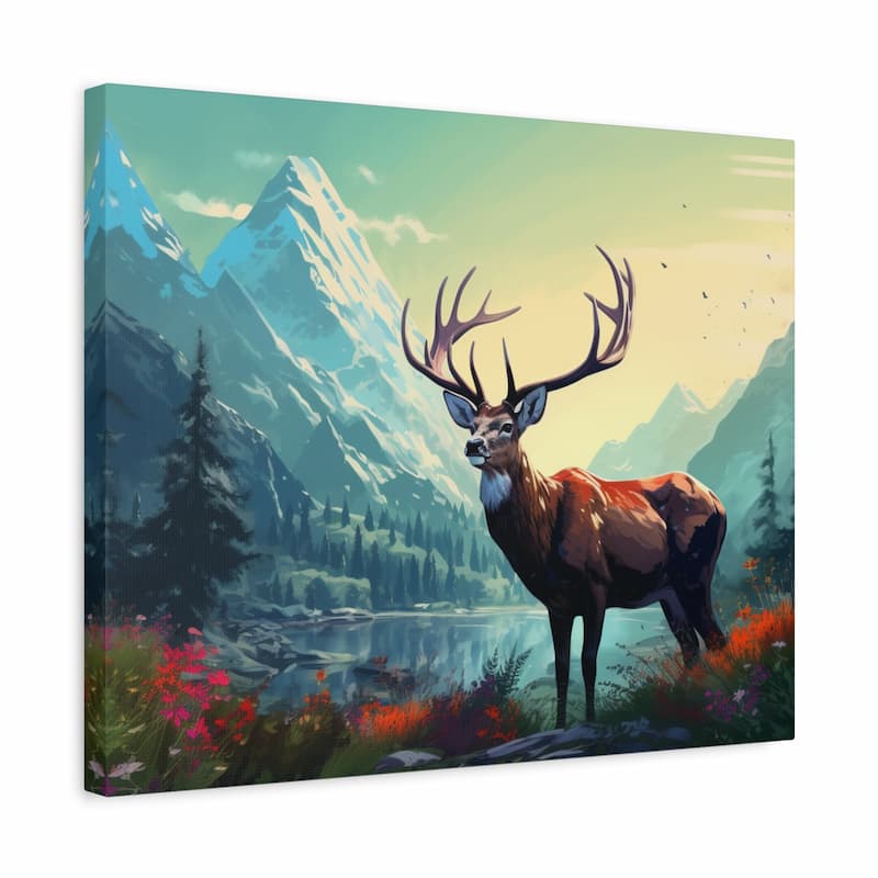 A square canvas wall art print featuring a stylized brown deer with large antlers standing in a mountain valley with a lake, evergreen trees, and colorful wildflowers. The canvas is shown at a slight angle against a plain white background.