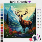 DrillN Dazzle diamond painting canvas featuring a majestic brown deer with large antlers in a colorful mountain landscape. The image includes a color list on the right and a vertical color swatch strip on the left, with a small drill and two needles shown in the bottom right corner.