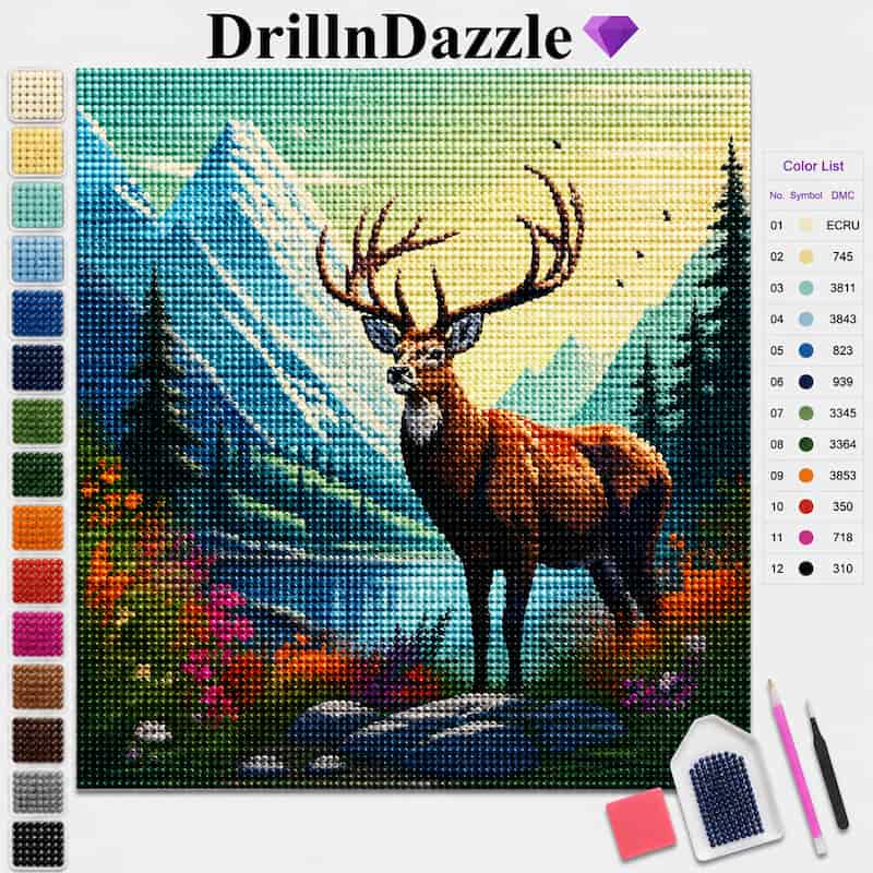 DrillN Dazzle diamond painting canvas featuring a majestic brown deer with large antlers in a colorful mountain landscape. The image includes a color list on the right and a vertical color swatch strip on the left, with a small drill and two needles shown in the bottom right corner.