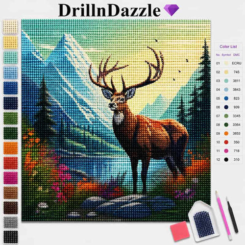 DrillN Dazzle diamond painting canvas featuring a majestic brown deer with large antlers in a colorful mountain landscape. The image includes a color list on the right and a vertical color swatch strip on the left, with a small drill and two needles shown in the bottom right corner.