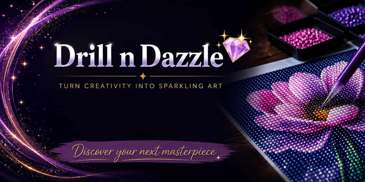Promotional graphic for Drill n Dazzle diamond painting, showing a partially completed pink flower design with a paintbrush, small trays of pink beads, and decorative purple sparkles on a dark background.