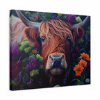 A square canvas wall art print featuring a stylized close-up portrait of a brown highland cow surrounded by colorful flowers, shown at a slight angle against a plain white background.