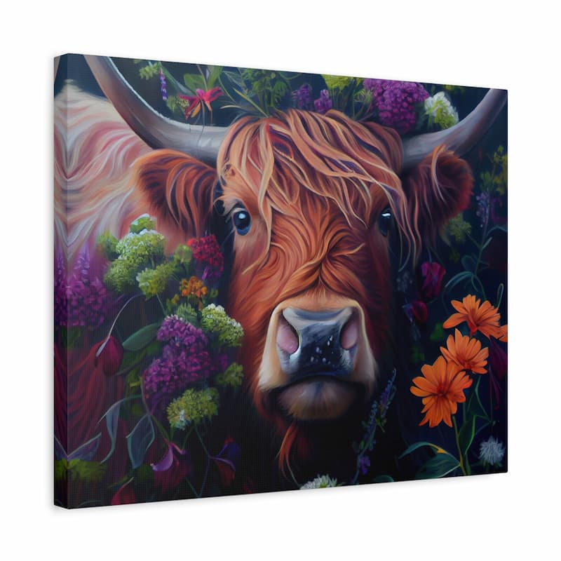 A square canvas wall art print featuring a stylized close-up portrait of a brown highland cow surrounded by colorful flowers, shown at a slight angle against a plain white background.