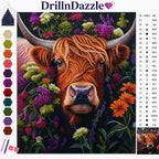 A diamond painting style craft kit cover featuring a colorful Highland cow surrounded by flowers. The image includes the brand name 'DrillnDazzle' at the top, a vertical row of color swatches on the left, a numbered color code chart on the right, and a small finished artwork preview at the bottom right.