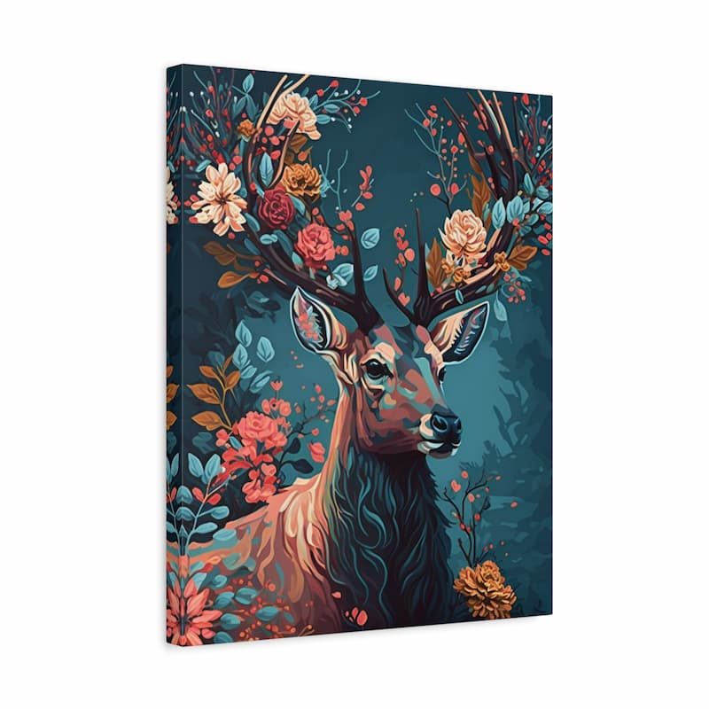 A vertical canvas wall art print featuring a stylized deer surrounded by colorful flowers and foliage on a dark teal background, shown at a slight angle against a plain white backdrop.