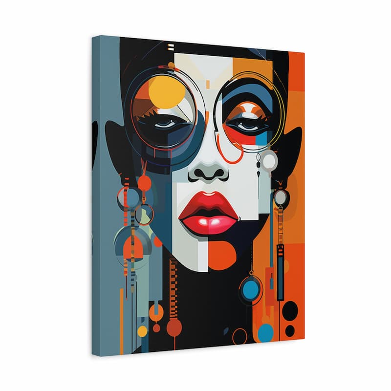 A square canvas wall art print featuring a stylized, geometric portrait of a woman's face in bold abstract colors including black, white, orange, blue, red, and gray, shown at a slight angle on a white background.