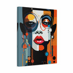 A square canvas wall art print featuring a stylized, geometric portrait of a woman's face in bold abstract colors including black, white, orange, blue, red, and gray, shown at a slight angle on a white background.