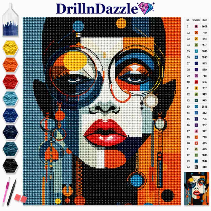 DrillnDazzle diamond painting canvas featuring a colorful abstract portrait of a woman's face with glasses, shown with a color chart and paint tools on a white background.