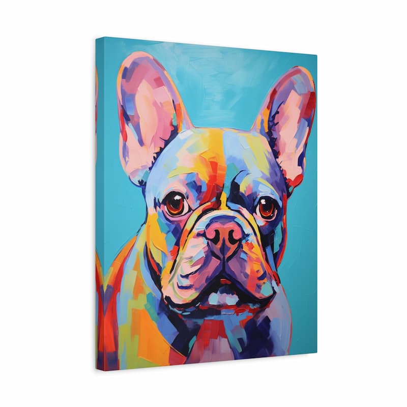 A colorful canvas wall art print depicting a French Bulldog portrait in a vibrant, painterly style against a turquoise background.