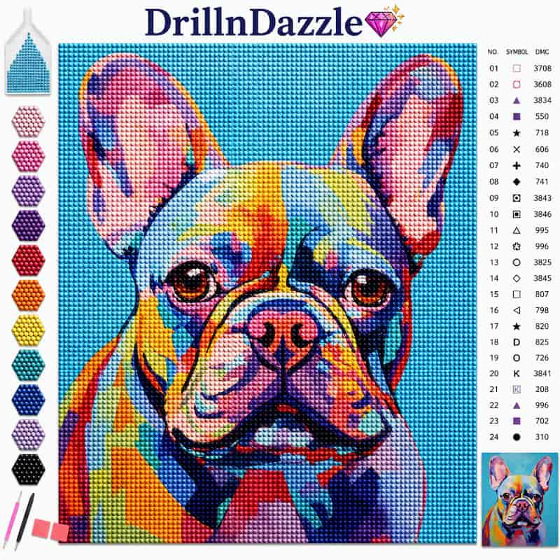Colorful diamond painting canvas design of a French Bulldog with a blue background, featuring the DrillnDazzle brand logo at the top, a color chart on the right, and paintbrushes and color swatches on the left.