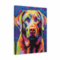 A square canvas wall art print featuring a colorful pop-art style portrait of a Labrador retriever on a white background.