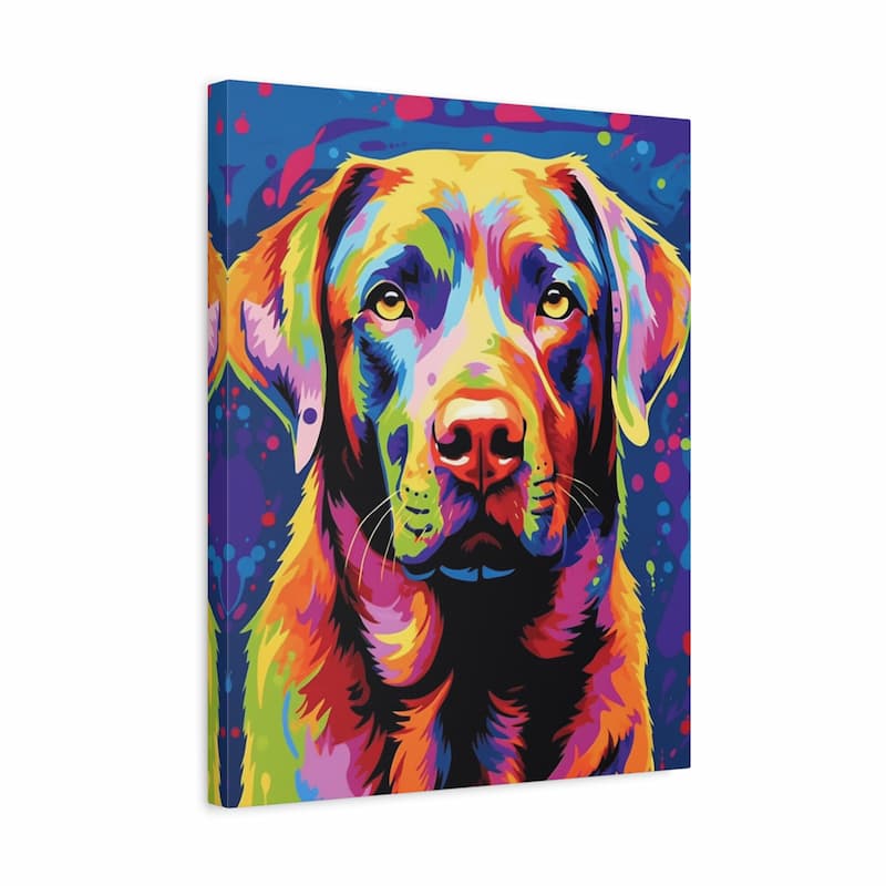 A square canvas wall art print featuring a colorful pop-art style portrait of a Labrador retriever on a white background.
