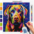 A colorful diamond painting kit showing a vibrant painted dog portrait with a color list chart, paint swatches, a pointed paint tool, and a hand holding the tool, on a white background. The brand name DrillnDazzle is visible at the top.