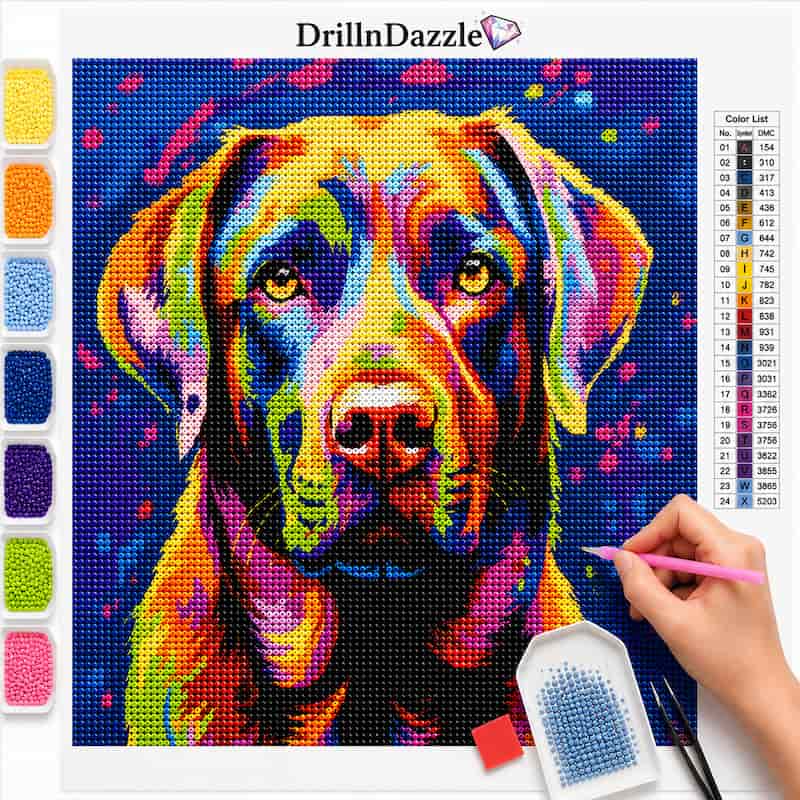 A colorful diamond painting kit showing a vibrant painted dog portrait with a color list chart, paint swatches, a pointed paint tool, and a hand holding the tool, on a white background. The brand name DrillnDazzle is visible at the top.