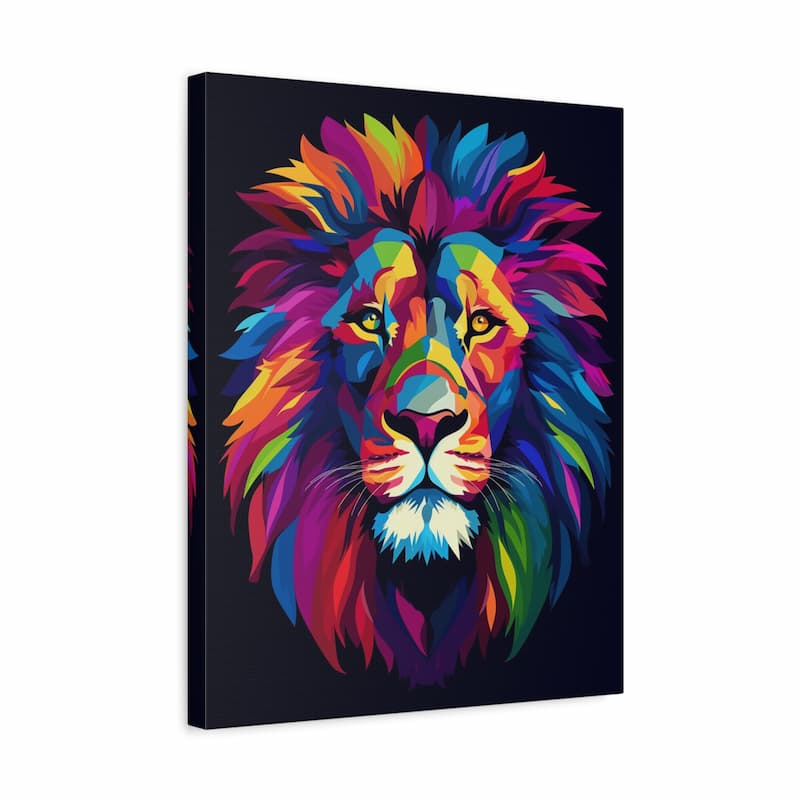 A square canvas wall art print featuring a stylized, colorful lion head on a dark background, shown at a slight angle against a plain white studio backdrop.