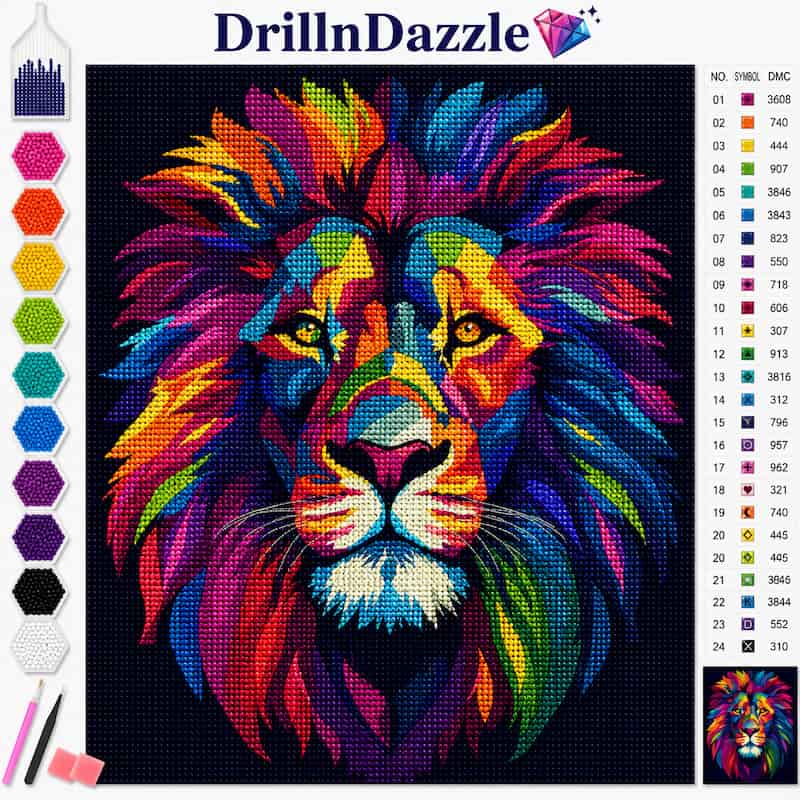 A colorful diamond painting or cross-stitch style lion head design on a black background, with the brand name DrillInDazzle at the top, a vertical row of color swatches on the left, and a numbered color reference chart on the right.
