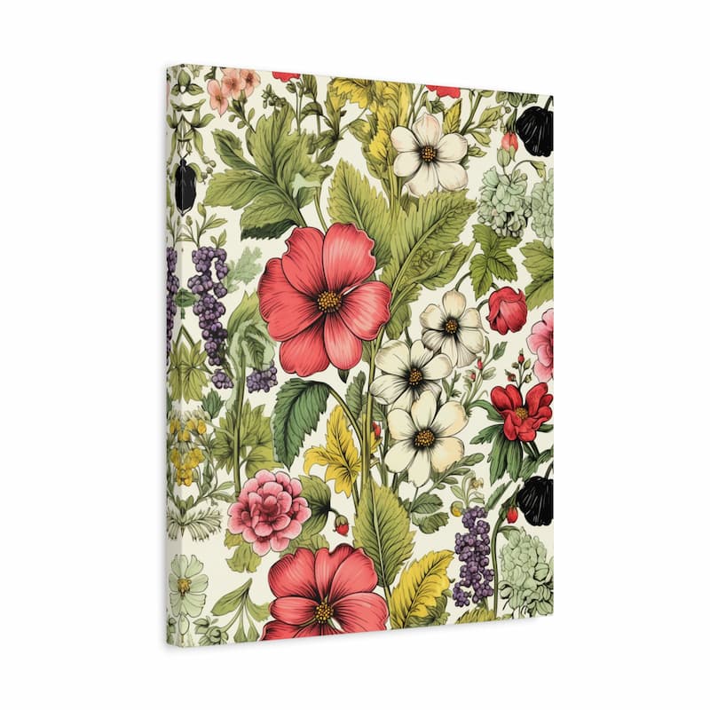 A vertical canvas wall art print featuring a vintage botanical illustration pattern with red, pink, white, and purple flowers and green leaves on a cream background, shown at a slight angle against a white studio backdrop.