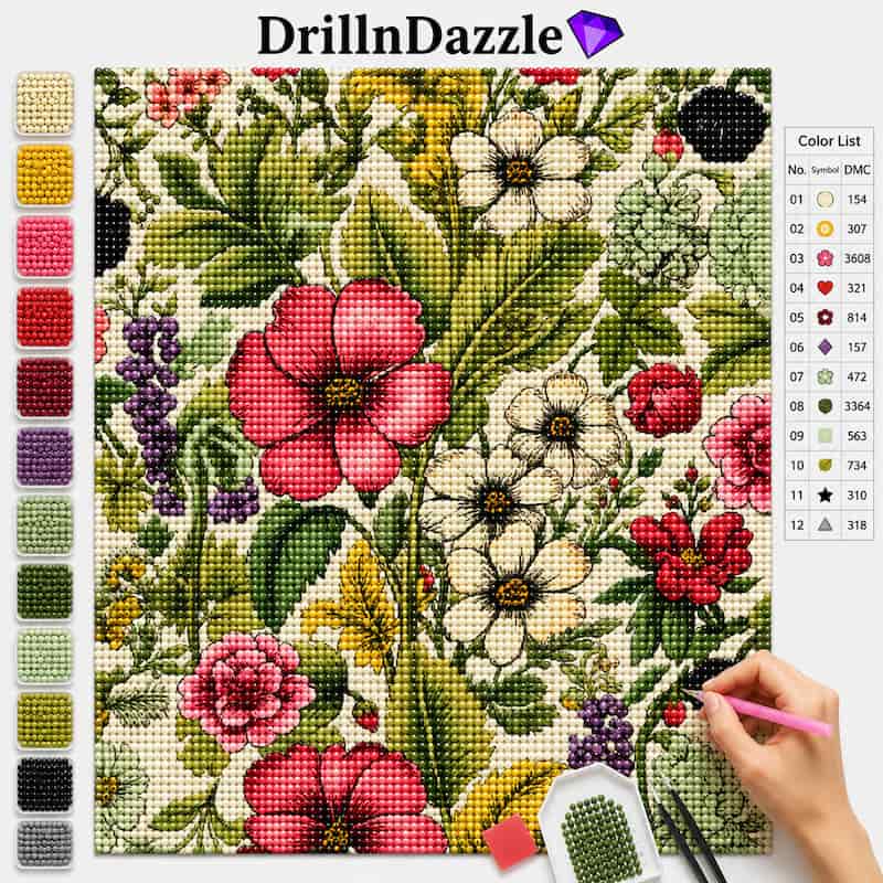 A floral cross-stitch or diamond painting kit shown with a completed pattern panel, a color list on the right, and a vertical row of color swatches on the left. A hand is holding a pink pen at the lower right.