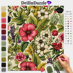 A floral cross-stitch or diamond painting kit shown with a completed pattern panel, a color list on the right, and a vertical row of color swatches on the left. A hand is holding a pink pen at the lower right.