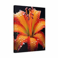 A square canvas wall art print featuring a close-up photograph of a vibrant orange and yellow lily flower covered in water droplets, set against a black background.