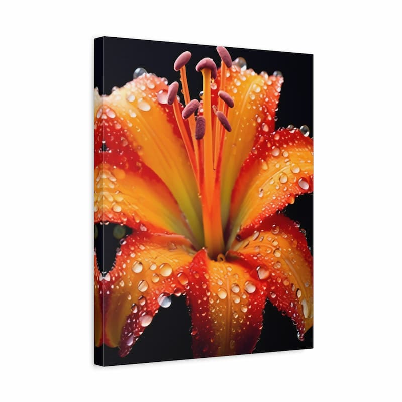 A square canvas wall art print featuring a close-up photograph of a vibrant orange and yellow lily flower covered in water droplets, set against a black background.