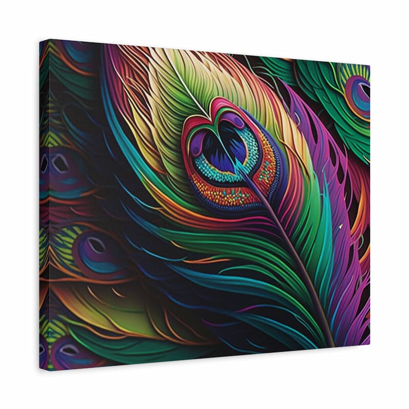 A square canvas wall art print featuring a close-up, stylized peacock feather in vivid rainbow colors on a white background.