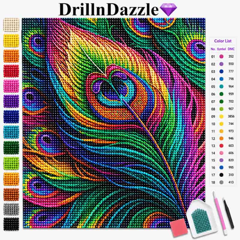 A colorful diamond painting or bead art design of a peacock feather, shown with the DrillnDazzle brand name at the top, a color list chart on the right, and small tool swatches at the bottom right. The feather artwork contains many bright rainbow colors on a dark background.