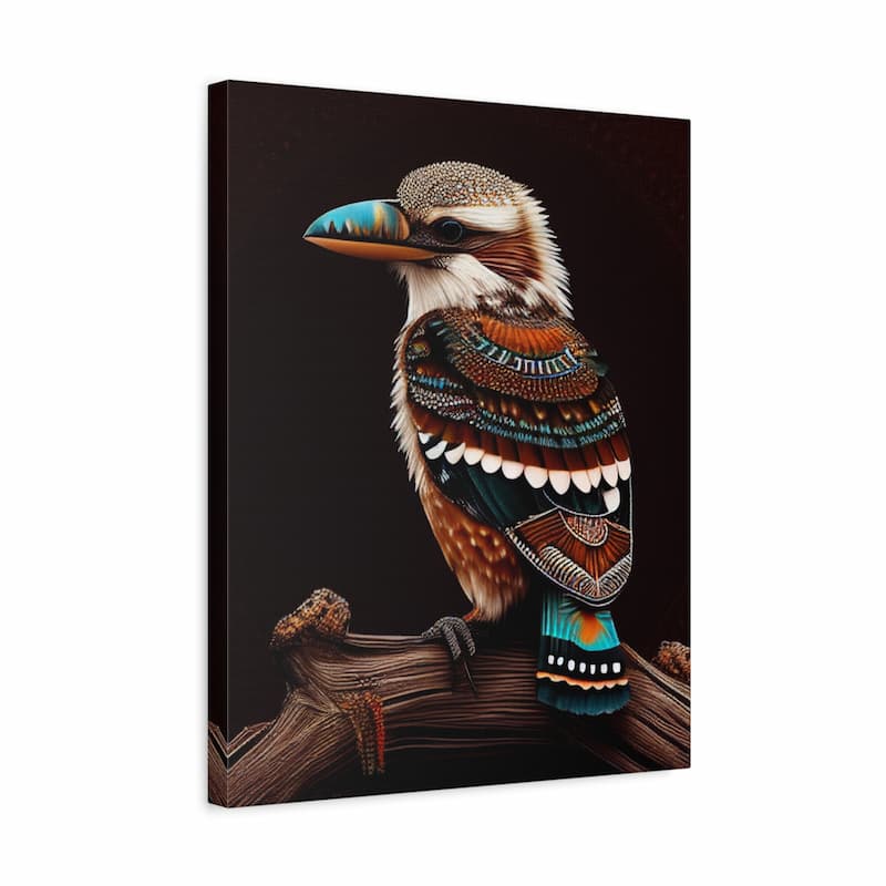 A vertical canvas wall art print featuring a stylized kookaburra perched on a branch against a dark brown background. The bird has a blue and orange beak and intricate brown, white, and teal patterned feathers.
