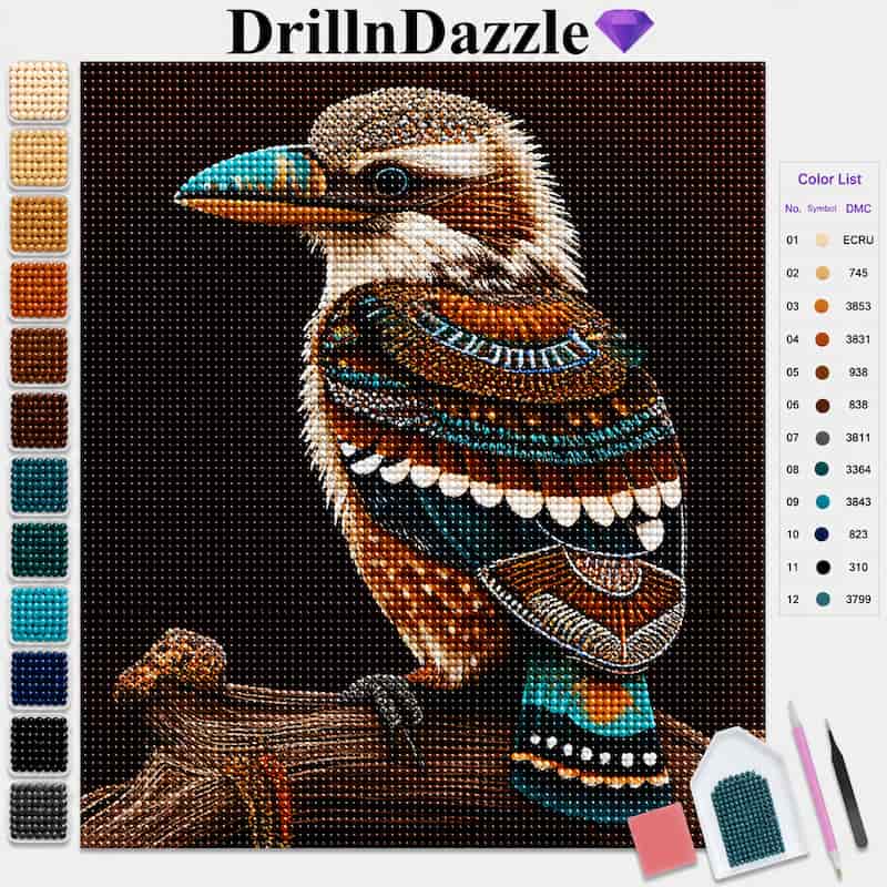 A diamond painting or cross-stitch style bird artwork showing a kookaburra perched on a branch, with a color list and swatches on the left and right. The brand name DrillinDazzle appears at the top, and small tools are shown in the lower right corner.