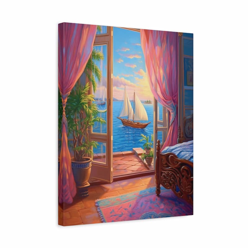 A canvas wall art print depicting a colorful coastal bedroom scene with pink curtains, an open window overlooking a sailboat on the blue ocean, and a wooden bed, shown at a slight angle against a white background.