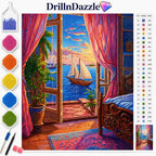 DrillnDazzle diamond painting kit cover featuring a colorful nautical scene with an open window, pink curtains, a sailboat on the water, and a bed. The left side shows color swatches, a paintbrush, and a pen, and the right side shows a color reference chart.
