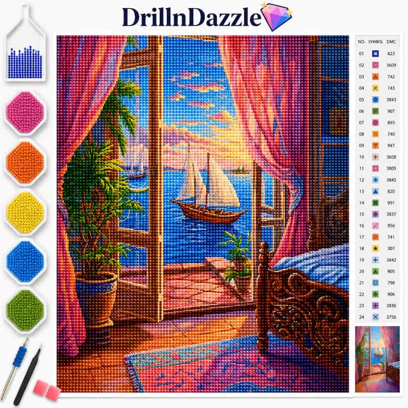 DrillnDazzle diamond painting kit cover featuring a colorful nautical scene with an open window, pink curtains, a sailboat on the water, and a bed. The left side shows color swatches, a paintbrush, and a pen, and the right side shows a color reference chart.