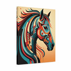 A stylized canvas wall art print showing a horse head in profile with layered geometric stripes in teal, blue, orange, red, cream, and black on a warm beige-to-orange background.